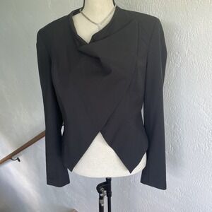 Bebe Women Black Asymmetrical Wool Blend Cropped Jacket Sz 8 Kimono Bolero Style